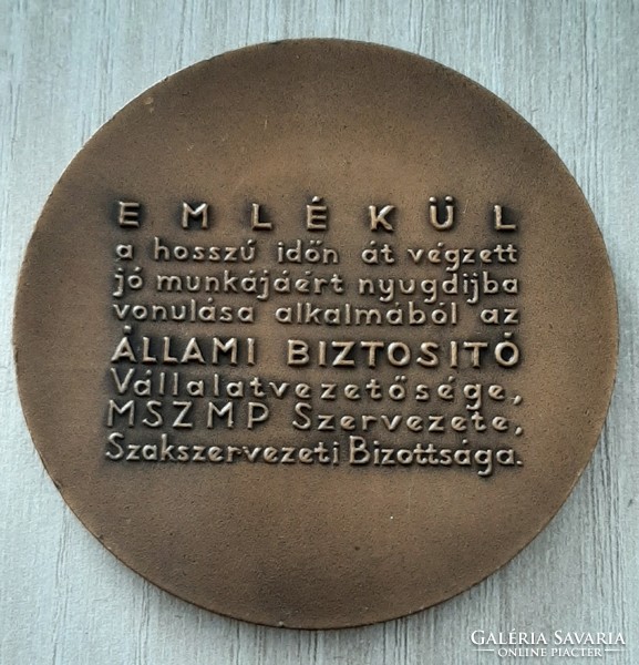Állami Biztositó bronz emlékérem , plakett 6 cm