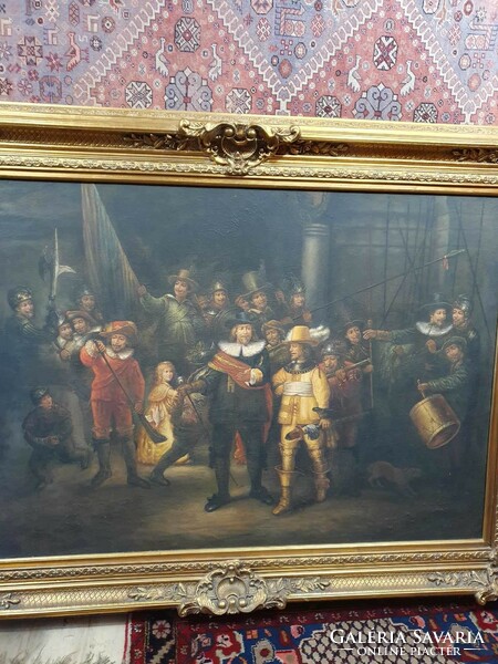 Hatalmas olajfestmény Éjjeli őrjárat Rembrandt után Kézzel festett 224X164 cm, pompás arany fa keret