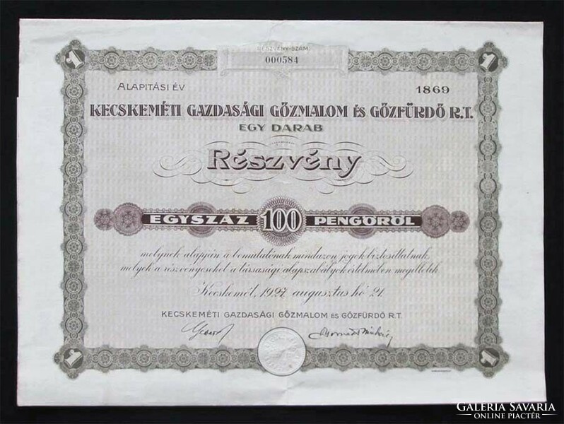 Kecskeméti Gazdasági Gőzmalom és Gőzfürdő részvény 100 pengő 1927 - Kecskemét