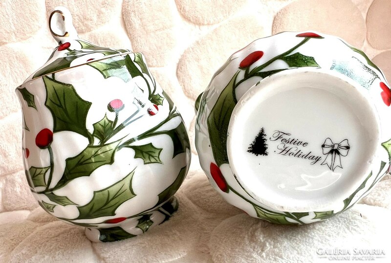 Karácsonyi mintás Festive Holiday angol porcelán cukortartó és tejszín kiöntő szett új