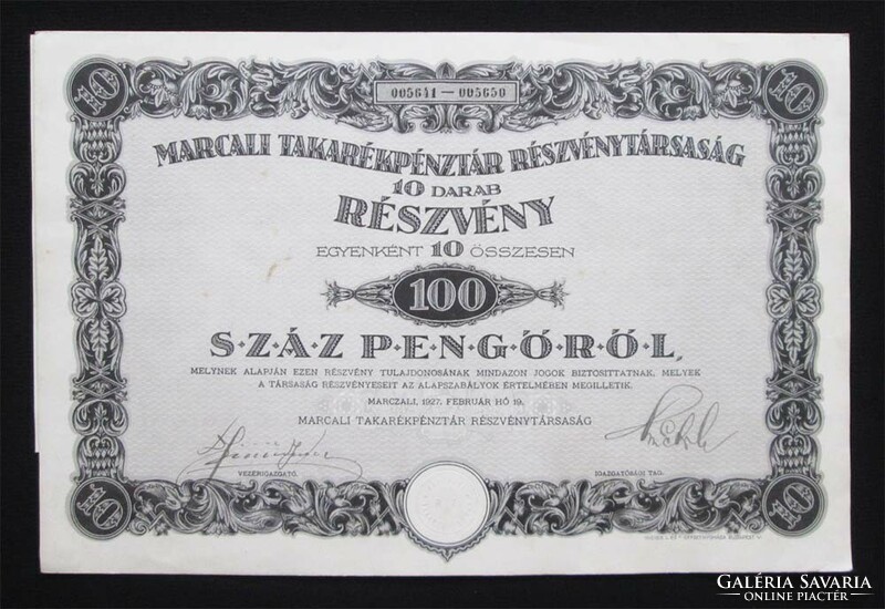 Marcali Takarékpénztár Részvénytársaság részvény 100 pengő 1927