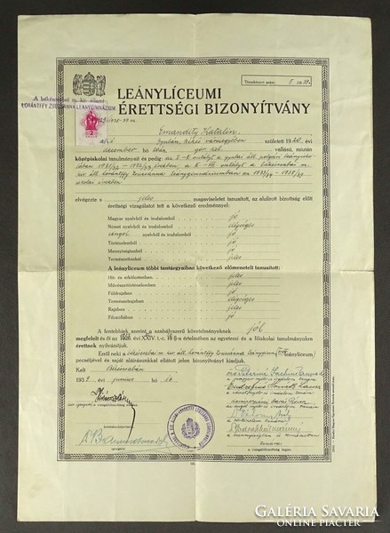 1R095 Régi leányiskolai leányliceumi érettségi bizonyítvány 1939