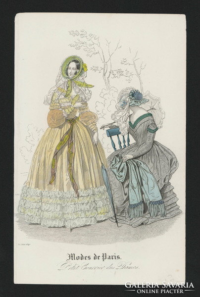Színezett rézkarc, Párizs, 1840 . június 30, női divat, metszet, Mode de Paris