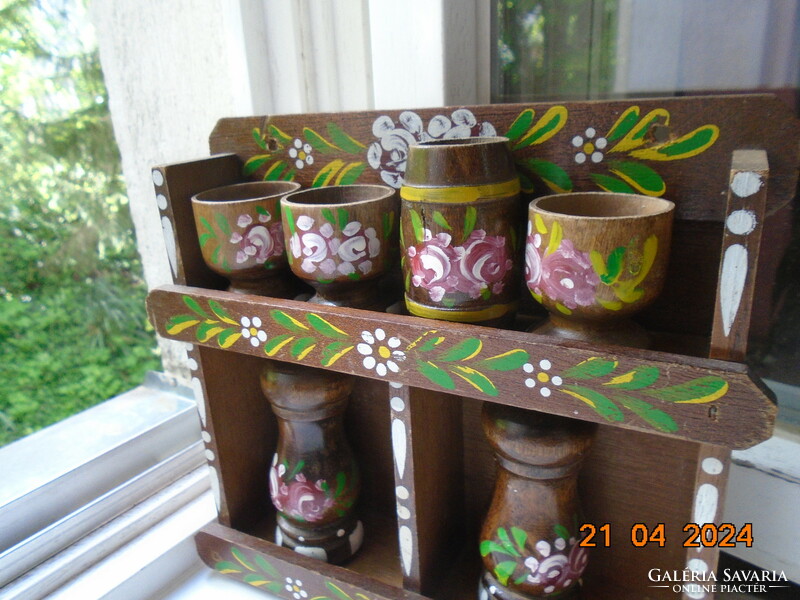 Hand-painted, carved, polished wood, flower-patterned spice holder wall shelf, with 6 different spice holders