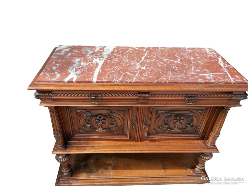 Antique Neo-Renaissance walnut chest of drawers with marble top