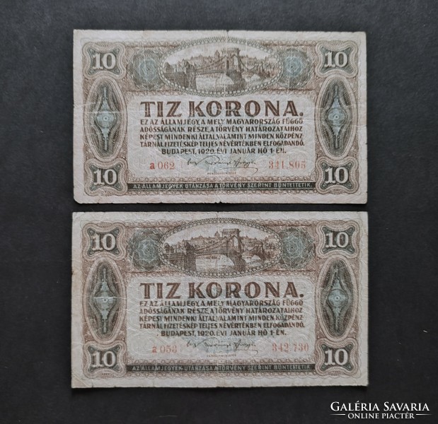 2 x 10 Korona 1920, VG (sorszámaikban pont)