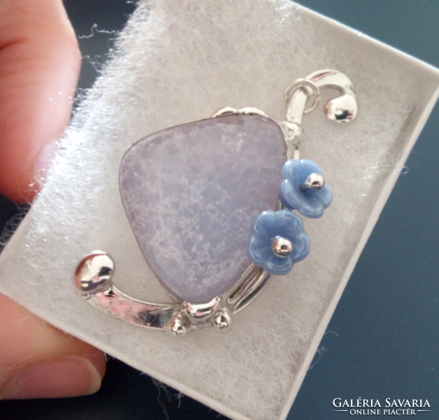Special handcrafted mineral pendant with chalcedony stone and glass beads