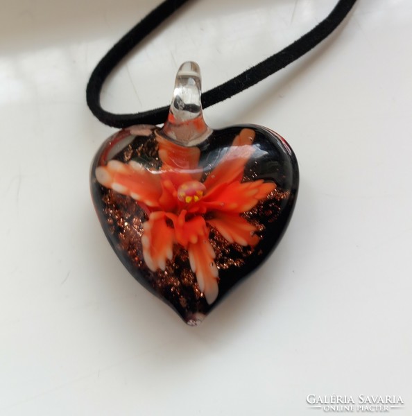 Czech glass orange and black heart pendant necklace