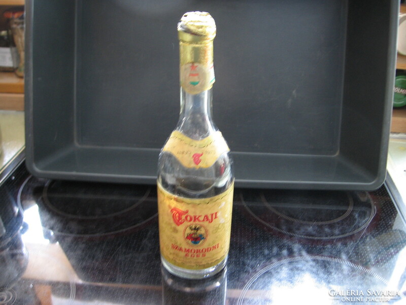 Retro Tokaji sad sweet bottle, glass 70s