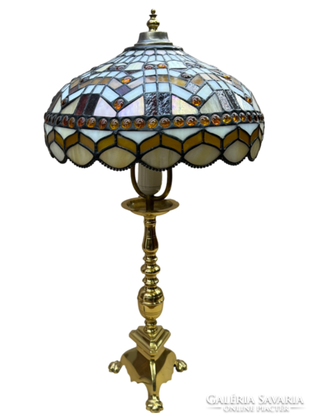 Antique copper table lamp with colored tiffany glass shade