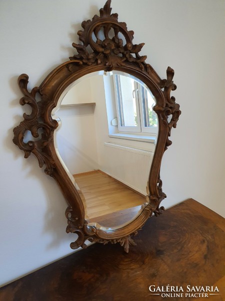 Barokk faragott fa keret, kézi csiszolású, fazettás tükörrel. (Videó!)