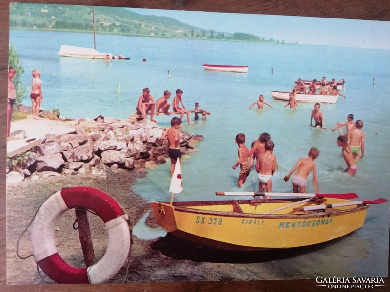 Balaton postcard with children on the beach with a rescue boat