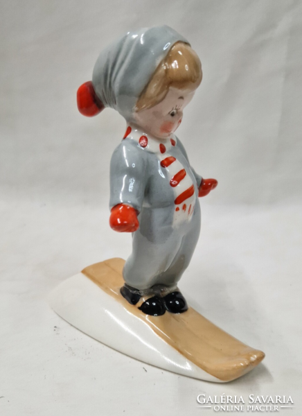 Old granite Kispest skiing boy ceramic figurine in perfect condition 13 cm.
