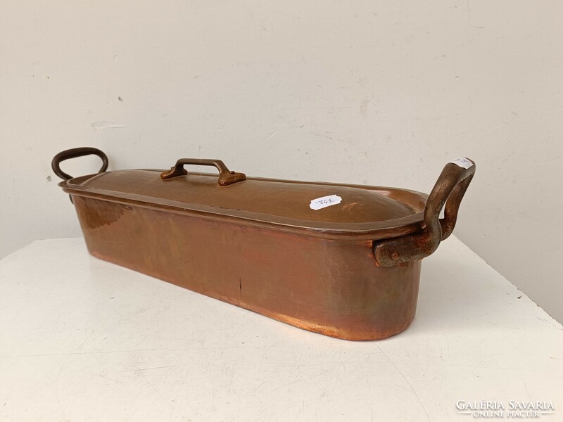 Antique kitchen tool, fish oven, large pot with lid, tinned red copper 792 8734