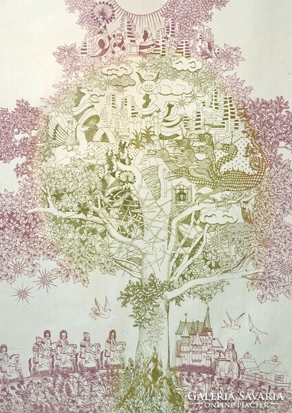 Tibor Münkacsy award-winning graphic artist: the sky-high tree (colored etching) folk beliefs