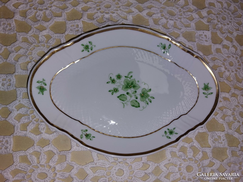 Hollóházi green flowered, gold edged, porcelain oval serving bowl