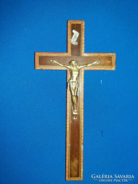 1993. Very nice inlaid wooden wall cross, crucifix corpus copper with Jesus corpus according to the pictures