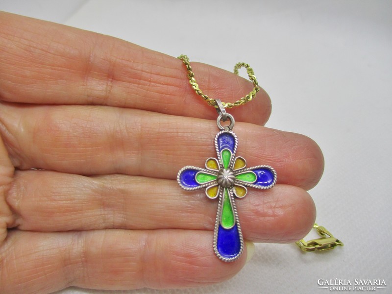 Beautiful old gold plated silver necklace with antique enamel cross pendant