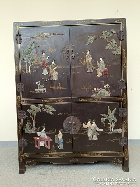 Antique Chinese furniture plant geisha bird grease stone convex inlaid painted black lacquer cabinet 819 8751