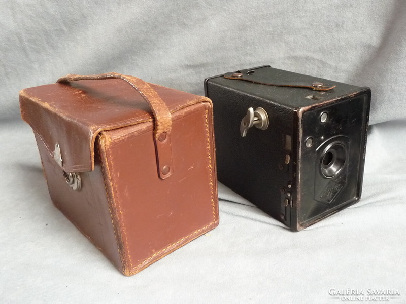 Old agfa camera in agfa box leather case, box camera from the 20s with drugstore label