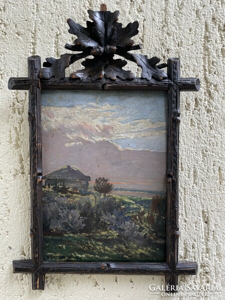 Nándor Némethy 1877 large stone - sunset 1919 in a hand-carved oak leaf frame, rarity!!!