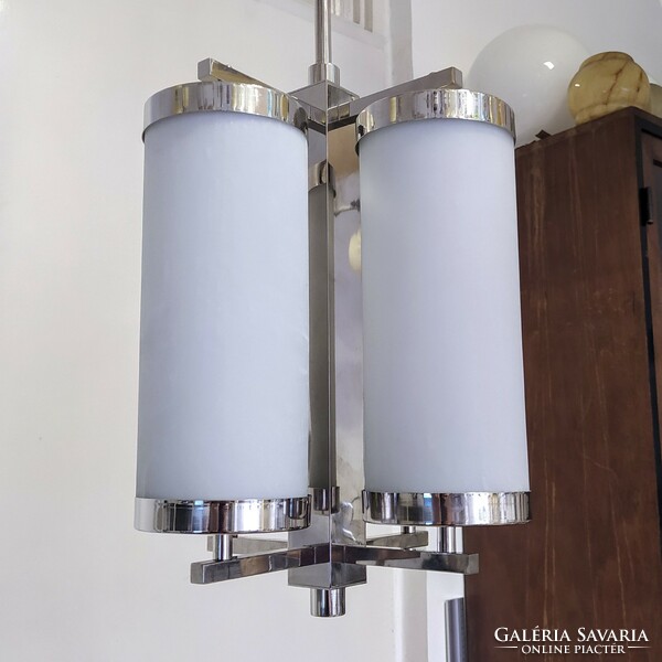 Art deco - bauhaus 4-burner nickel-plated chandelier renovated - milk glass tube covers