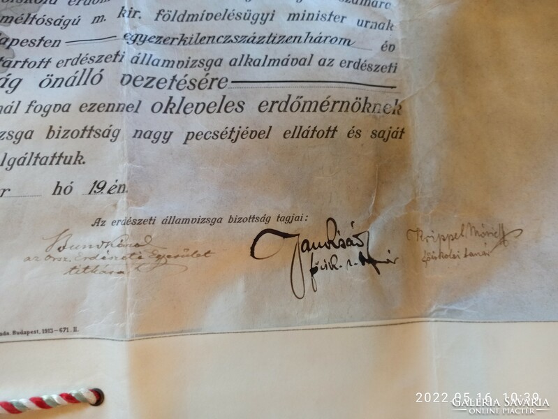Forest engineering certificate of Géza Botos, 1913, with parchment dry seal