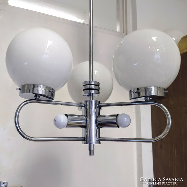 Art deco - streamline - bauhaus 3-arm - 6-burner chromed chandelier renovated - milk glass spherical shades