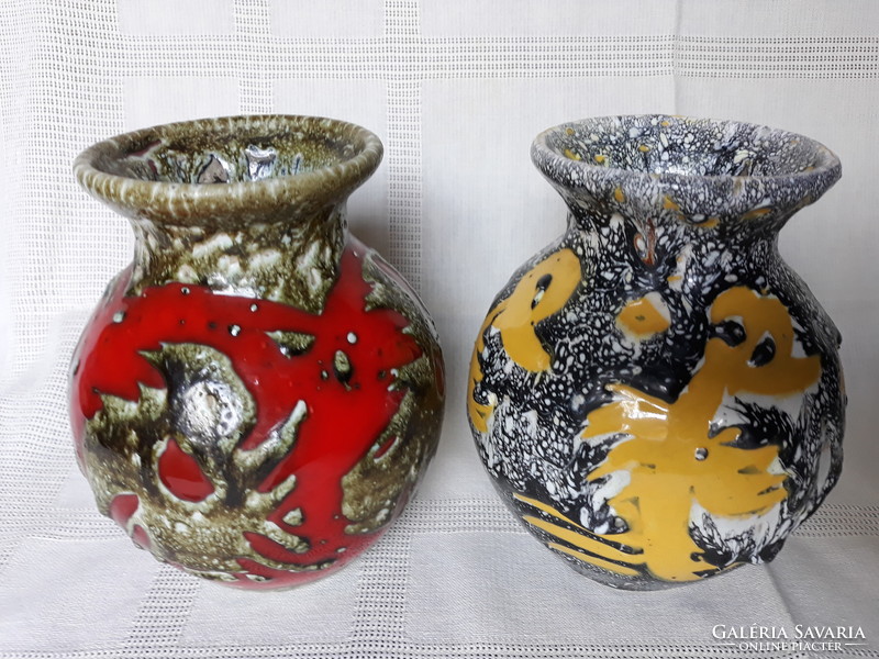 Retro industrial art abstract patterned ceramic vases in a pair