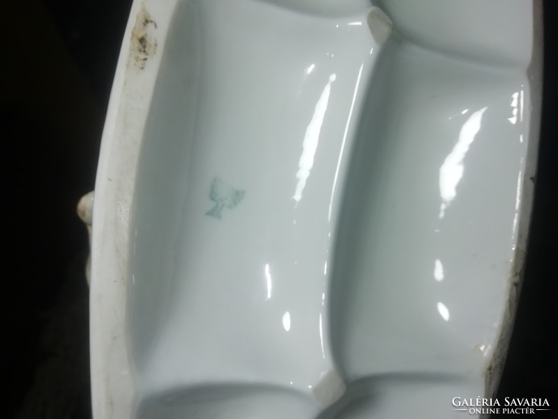 Antique porcelain hunting scene, a small chip on one of the prongs can be seen in the pictures
