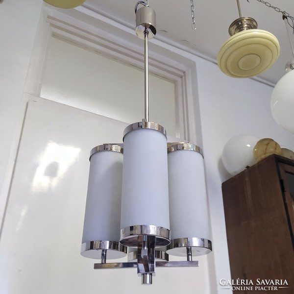 Art deco - bauhaus 4-burner nickel-plated chandelier renovated - milk glass tube covers