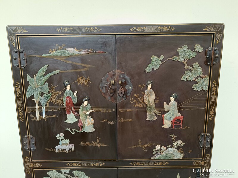 Antik kínai bútor növény gésa madár zsírkő dombor berakásos festett fekete lakk szekrény 819 8751