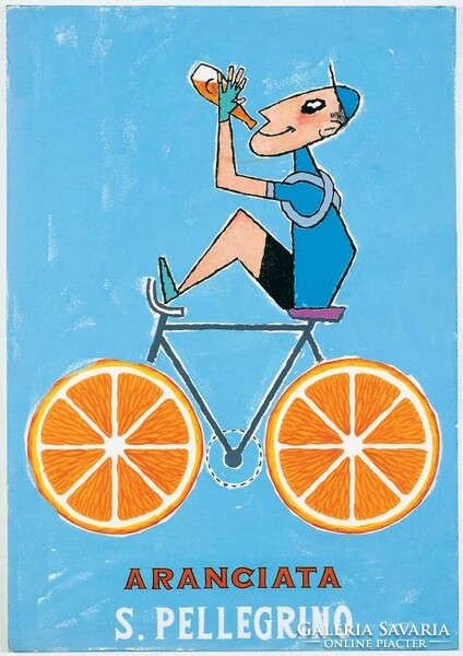 Vintage San Pellegrino Aranciata reklám plakát reprint nyomat, olasz ásványvíz narancs üdítő bicikli