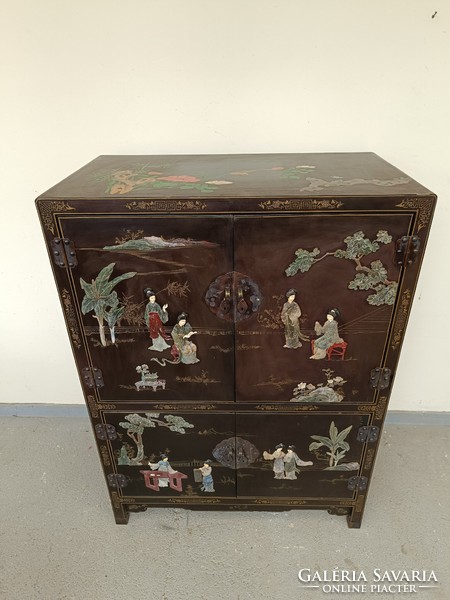 Antique Chinese furniture plant geisha bird grease stone convex inlaid painted black lacquer cabinet 819 8751