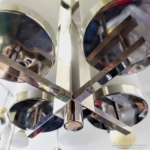 Art deco - Bauhaus 4 égős nikkelezett csillár felújítva - tejüveg csőbúrák