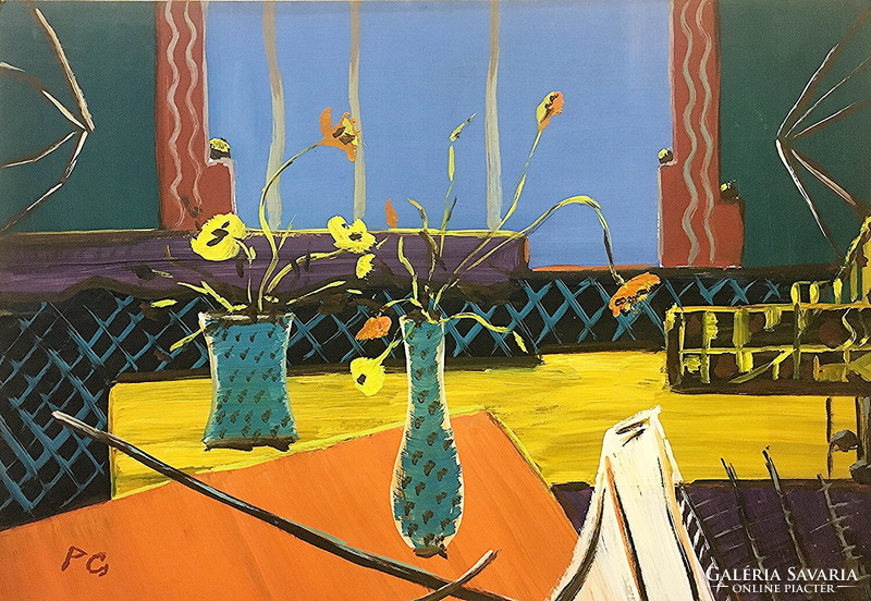 Interior with flowers, oil on cardboard, 36 x 50 cm, 60s