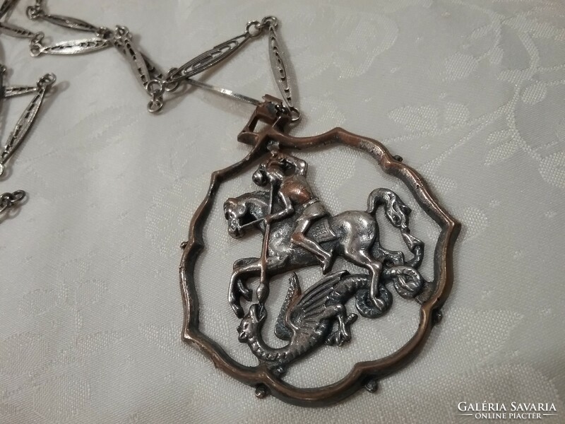 Marked, old metal necklace with pendant, dragon slayer st. György