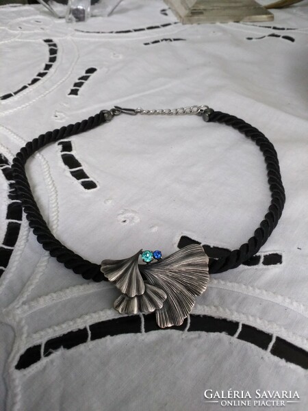 Silver-plated ginkgo leaf pendant with black wire chain