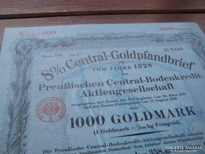Német kötvény 8% os  1928 ból , 1000  arany márka