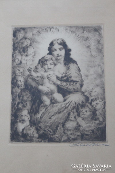 Prihoda István fekete fehér rézkarc - "Madonna gyermekével"