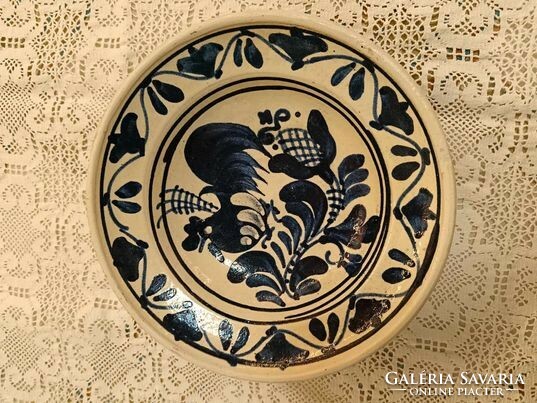 Korondi decorative plate with rooster (blue, white)