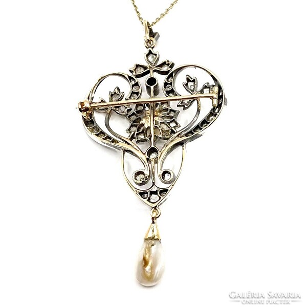 0253. Art Nouveau pendant brooch with diamonds and pearls