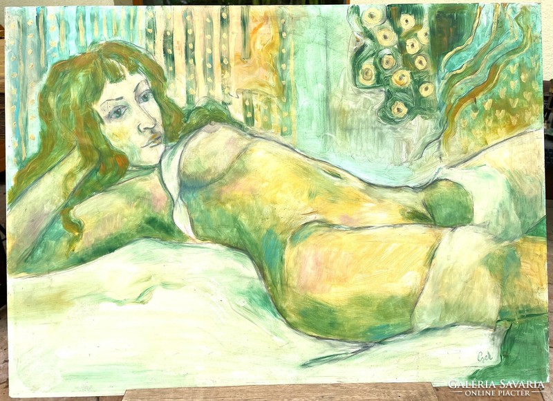 Hungarian painter Kristina Cseh green nude - painting