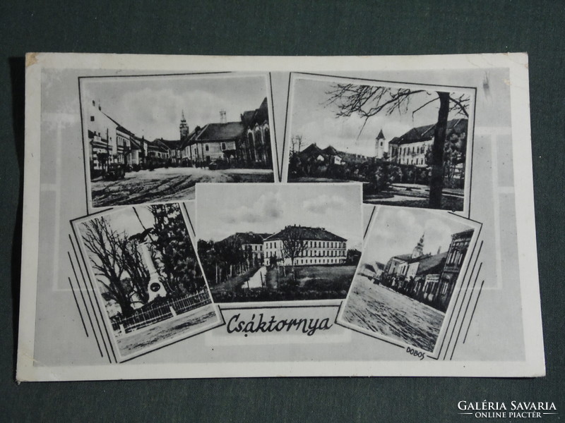 Postcard, csák tower, mosaics, monument, street detail, church, 1942
