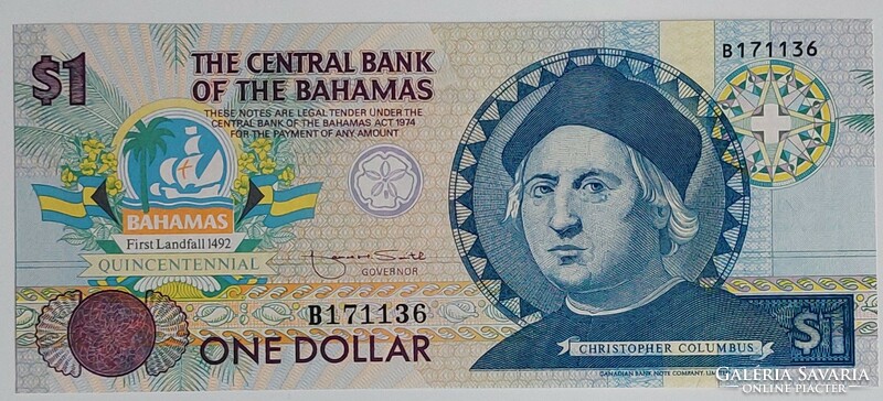 Bahama-szigetek 1 dollár, 1992, Kolumbusz, UNC bankjegy