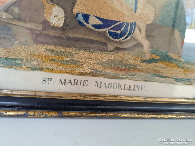 Antique Catholic monastery work 1826 embroidered painted Mary Magdalene picture in a Biedermeier frame 555 8837