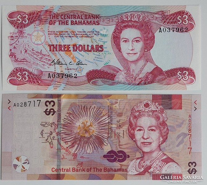 2 db Bahama-szigetek 3 dollár UNC bankjegy