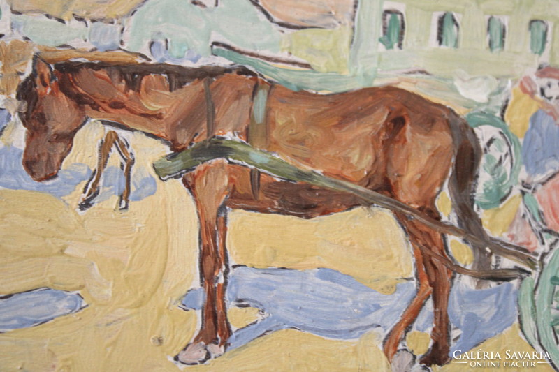 Béla Kádár - market scene with a horse - painting