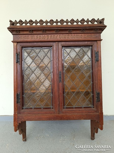 Antique renaissance oak furniture wall display case with stained glass window and doors with Latin inscription 233 8426