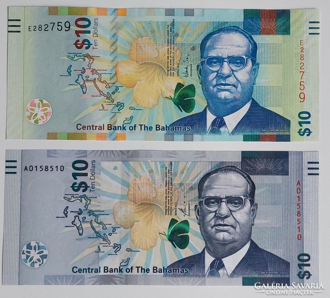 2 db Bahama-szigetek 10 dollár UNC bankjegy